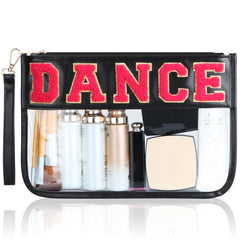 BuyCard clear makeup bag with rose red DANCE letters for quick recital checks.