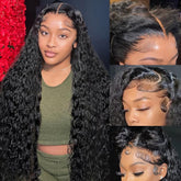 BWDWST 32-inch deep wave lace front wig with natural parting for daily wear.