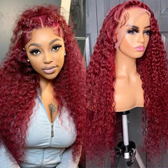 Bworto burgundy wig with deep wave lace-front for natural parting.