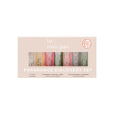 By Rosie Jane discovery set box with seven travel-size perfumes for testing on the go.