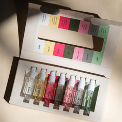 Showcase of Rosie, Dulce, Missy, Remi, Leila Lou, Dylan and Lake miniature bottles for daily fragrance options.