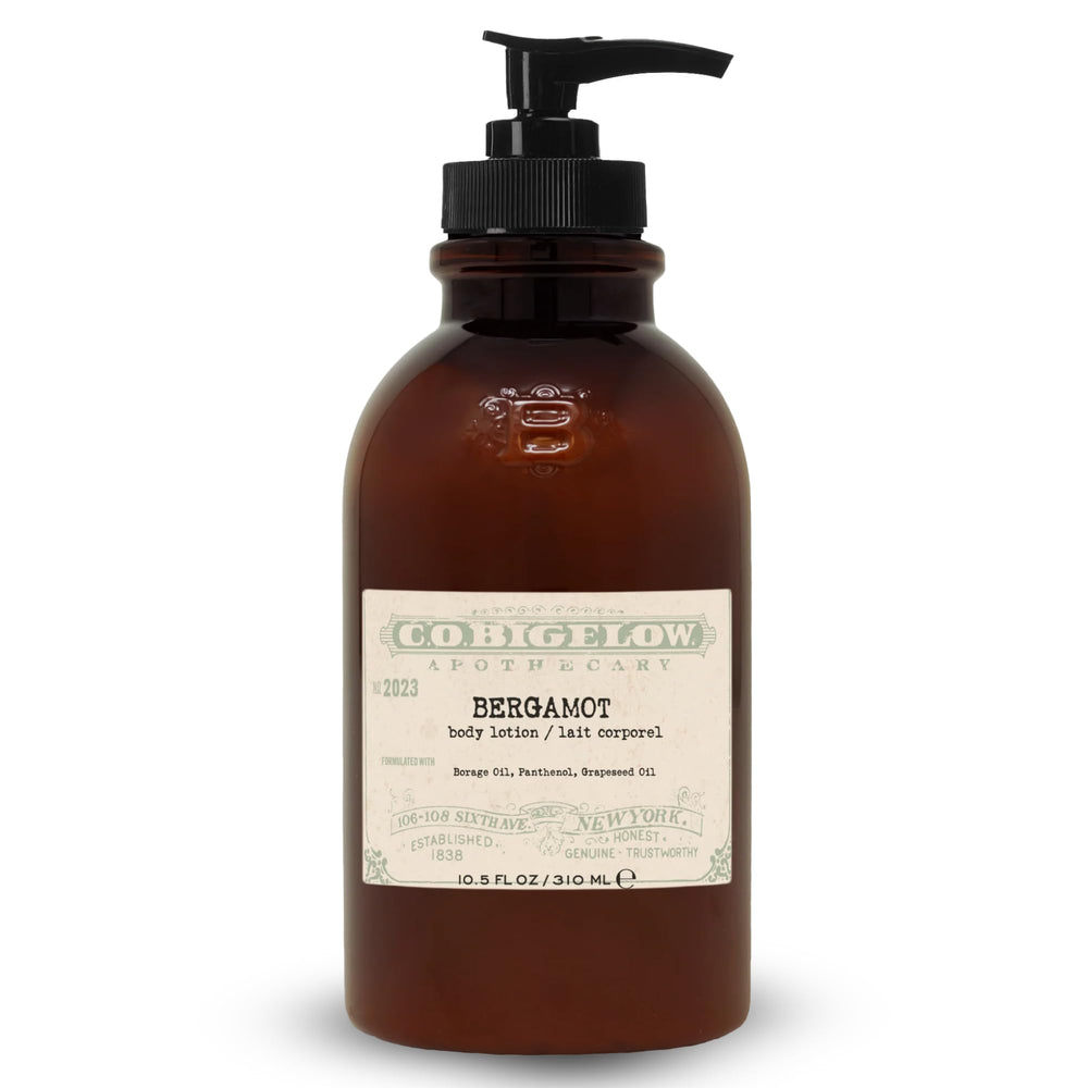 C O Bigelow Bergamot Body Lotion bottle highlights lightweight, fast absorbing moisture.