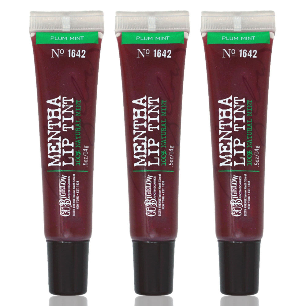 C.O. Bigelow Plum Mentha Lip Tint Trio packaging for on-the-go lip hydration and color.