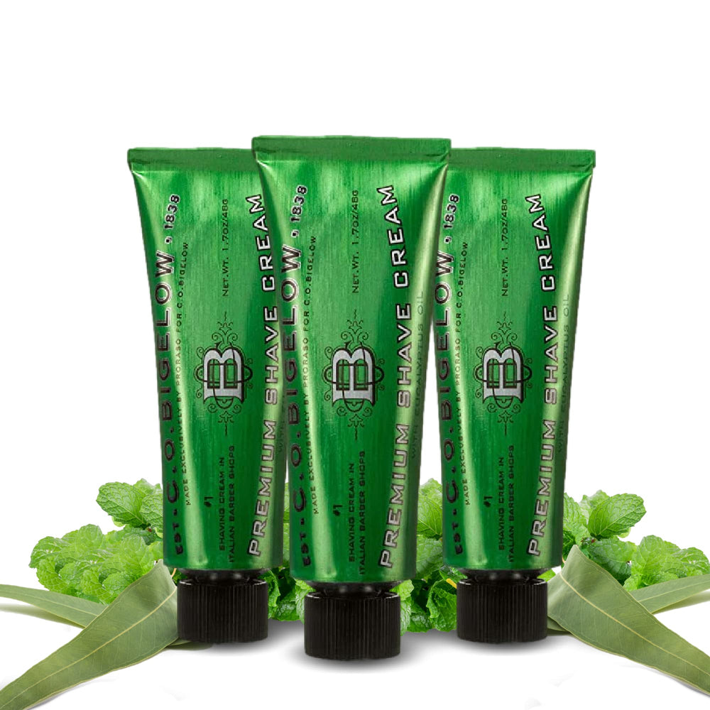 C.O. Bigelow Travel Shaving Cream 3-pack pack shot showing compact travel size for on-the-go grooming
