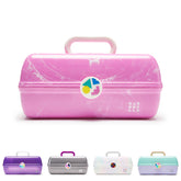 Caboodles On-The-Go Girl case open to reveal the top tray and mirror for fast touchups.