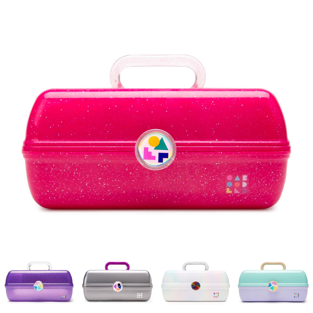 Caboodles On-The-Go Girl makeup box top view with auto-open tray and mirror for quick access.