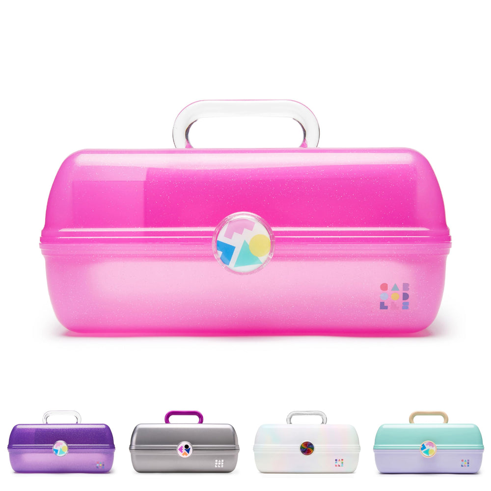 Caboodles On-The-Go Girl makeup box front view keeps cosmetics organized for travel.