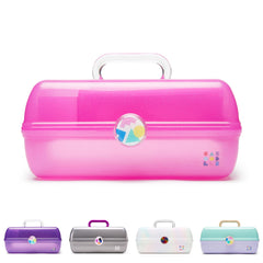 Caboodles On-The-Go Girl makeup box front view keeps cosmetics organized for travel.