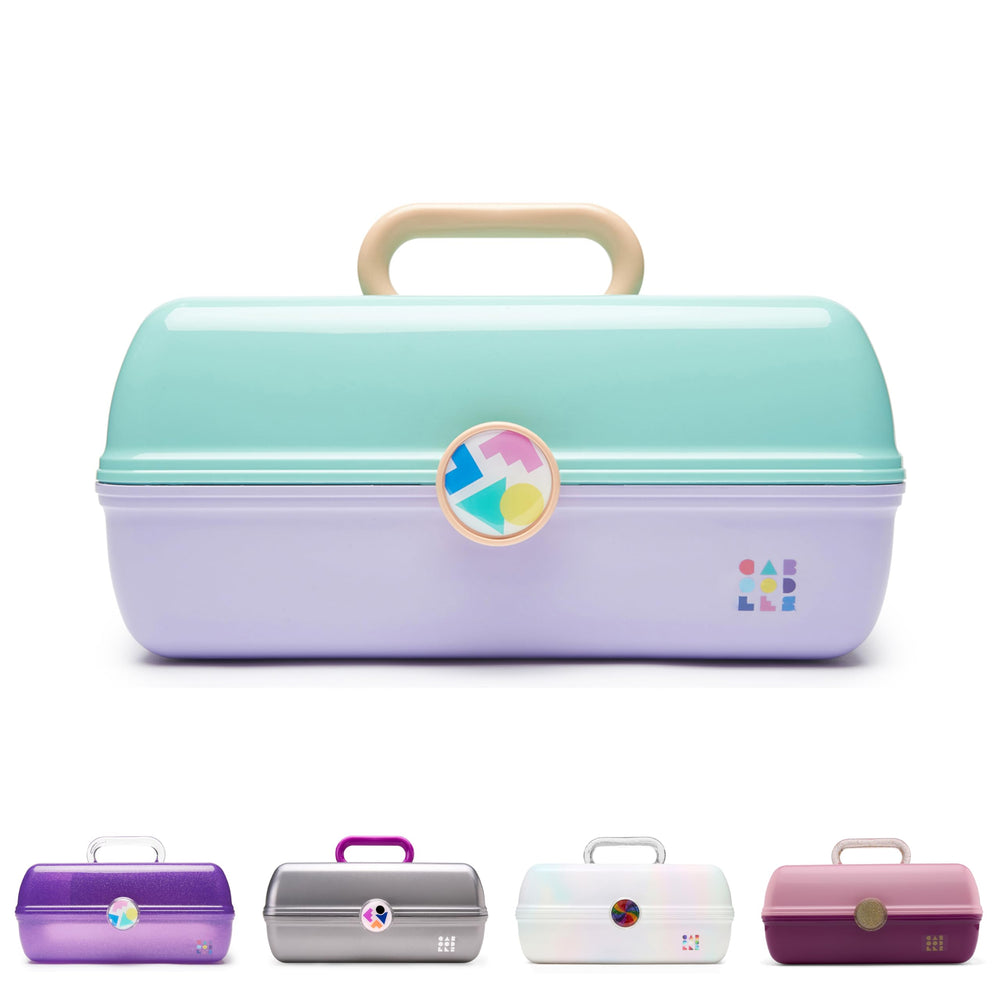 Caboodles On-The-Go Girl box in seafoam on lavender, front view ideal for travel.