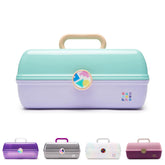 Caboodles On-The-Go Girl box in seafoam on lavender, front view ideal for travel.