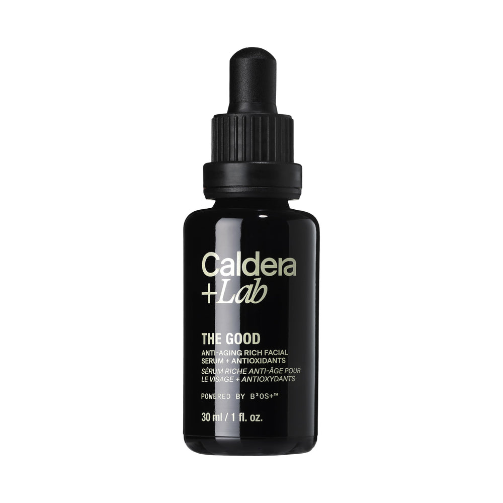 Caldera + Lab The Good serum bottle close-up showing premium hydration.