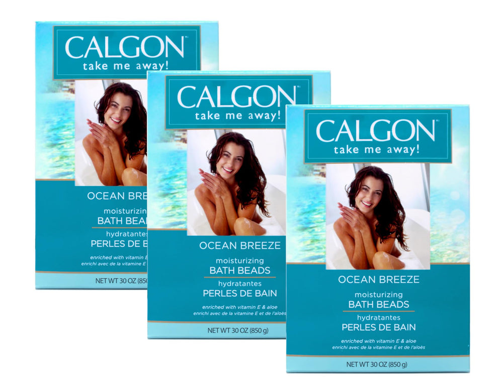 Calgon Ocean Breeze bath beads pack in three jars for a hydrating soak.
