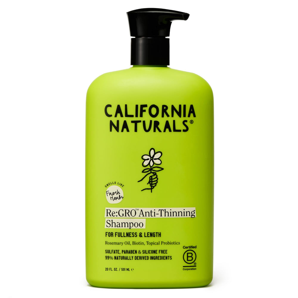 California Naturals Re:GRO Champú: botella visible para cabello más fuerte y saludable.
