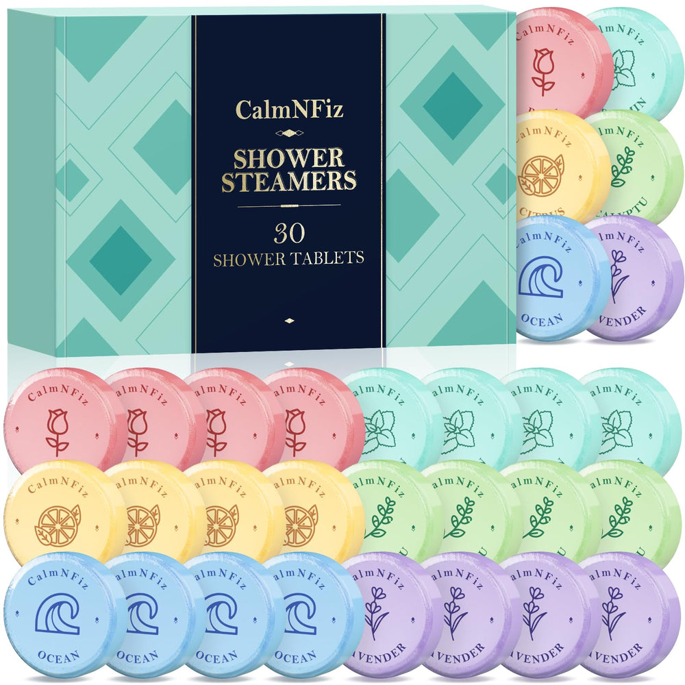CalmNFiz set de 30 bombas de ducha con aromas variados para una experiencia sensorial.