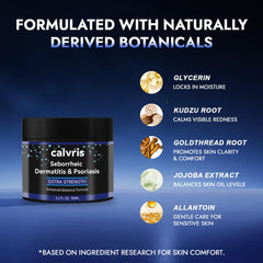 Calvris botanical formula texture highlights soothing scalp care benefits.