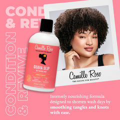 Camille Rose Guava Slip Detangling Conditioner label closeup highlights tropical ingredients and premium hydration.