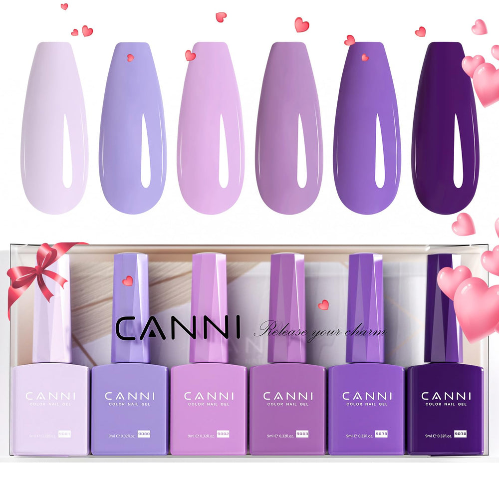 CANNI six 9ml HEMA-free purple gel polish bottles for home manicures.