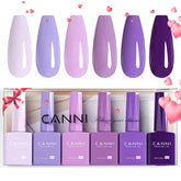CANNI six 9ml HEMA-free purple gel polish bottles for home manicures.