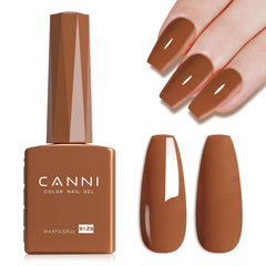 CANNI Brown gel nail polish bottle shows caramel coffee shade for precise home color matching.