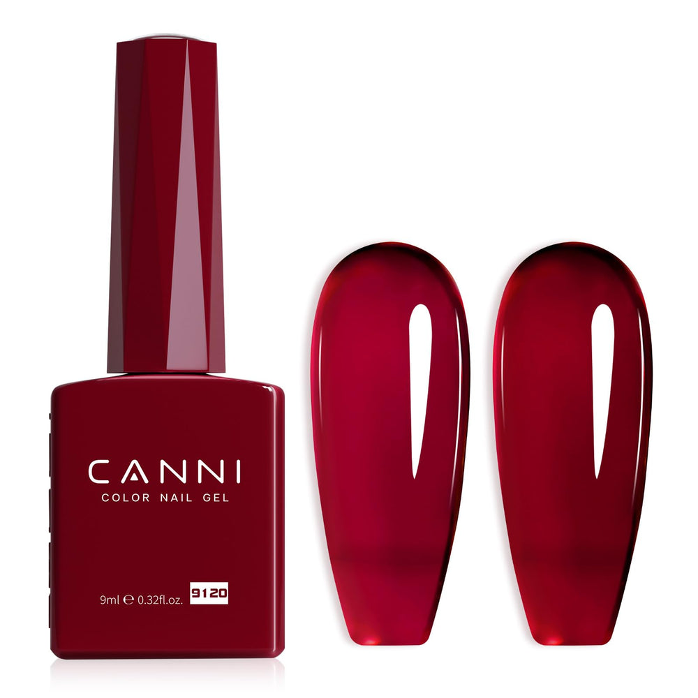 CANNI Dark Red Jelly gel bottle close-up showing burgundy shade for at-home manicures.