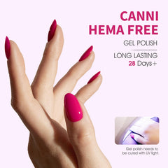 CANNI hot pink gel polish on nails with a glossy, long-lasting finish.