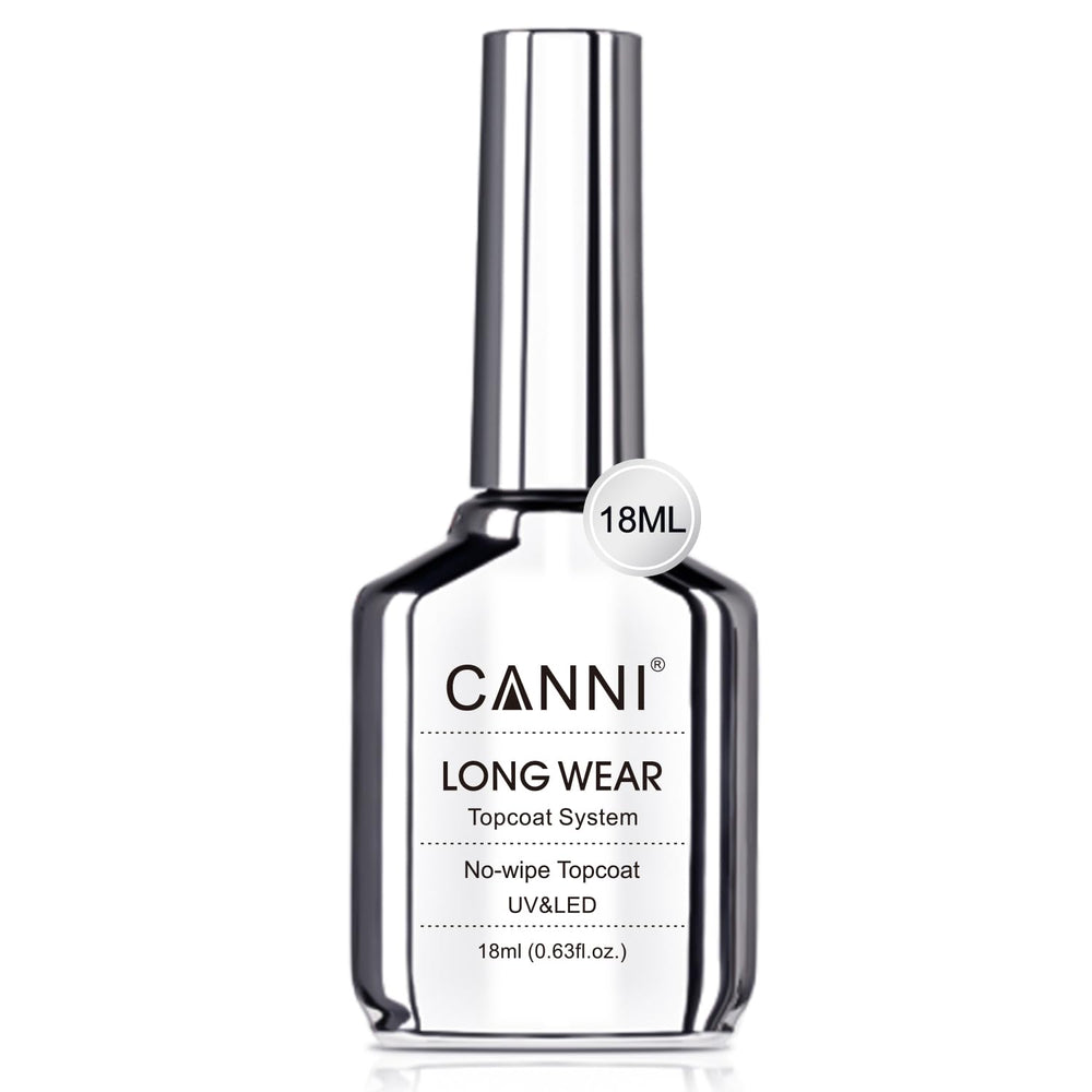 CANNI No-Wipe Top Coat 18ml bottle delivering long-lasting clear gloss
