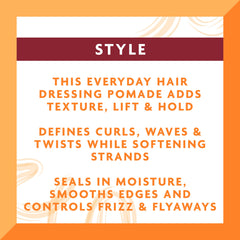 Cantu Hair Dressing Pomade with Shea Butter edge-control image demonstrates sleek edges and sealing flyaways.