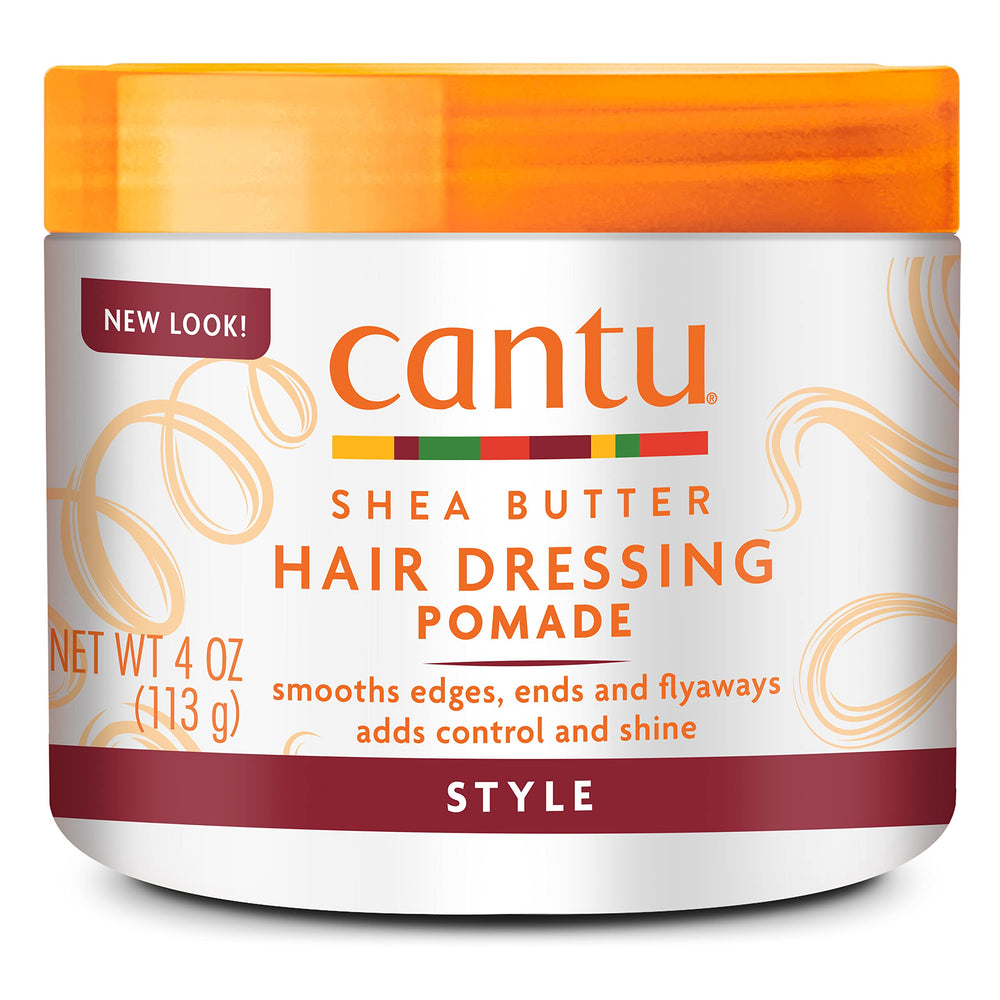 Cantu Hair Dressing Pomade with Shea Butter jar closeup highlighting hydrating shine and smooth definition.