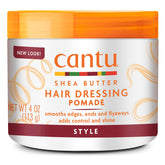 Cantu Hair Dressing Pomade with Shea Butter jar closeup highlighting hydrating shine and smooth definition.