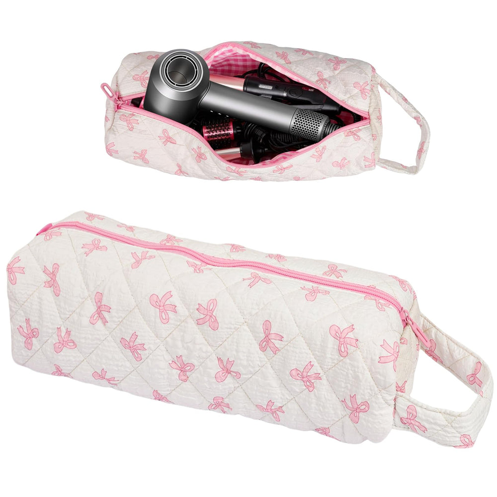 Canumer hair tools organizer bag with pink bow pattern keeps major styling tools neatly stored