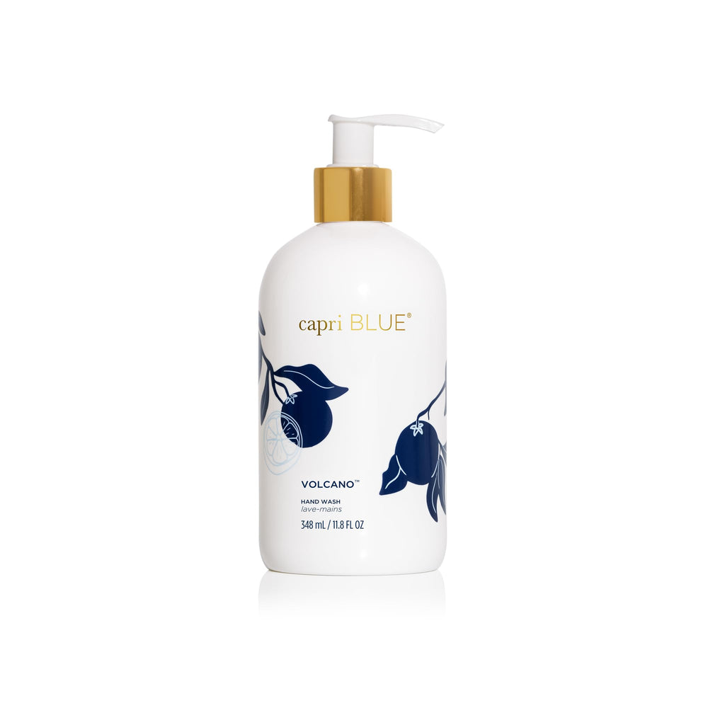 Capri Blue Jabon de Manos Volcano Flora Edit, botella blanca con ilustraciones y espuma suave para piel hidratada.