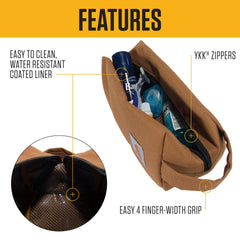 Carhartt Durable Travel Kit material close-up highlights rugged 600D polyester durability.