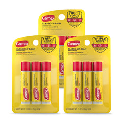 Carmex bálsamo labial clásico en stick, set de tres para hidratación diaria.
