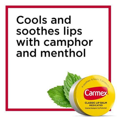Carmex Classic Lip Balm Medicated tube cap close-up highlighting compact, medicated care.