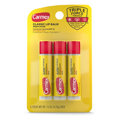 Carmex Lip Balm Sticks pack front showing triple-pack for on-the-go moisture