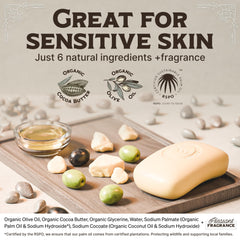 Carolina Castile Unscented Bar label shows cocoa butter and olive oil.