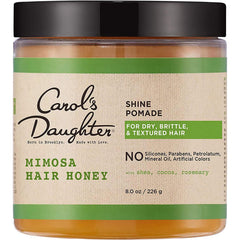Carol's Daughter Mimosa Hair Honey Shine Pomade frente del envase con brillo suave para rizos
