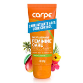 Carpe Feminine Care intimate deodorant bottle with pH-balanced formula for external use and odor control.