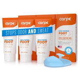Carpe sweat-absorbing foot lotion packaging showcasing the product bundle