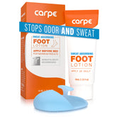 Carpe Sweat Absorbing Foot Lotion bottle for precise, targeted application on dry feet.