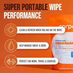 Carpe toallitas antiperspirante sin residuo y aplicación clara en la piel.