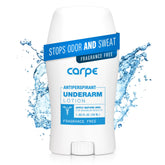 Carpe underarm antiperspirant bottle demonstrates a fragrance-free formula for all-day dryness.