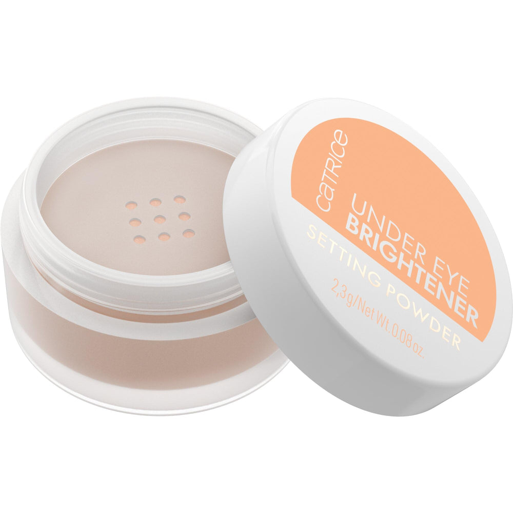 Catrice Under Eye Brightener Setting Powder compact closeup, warm nude shade for radiant under-eyes.