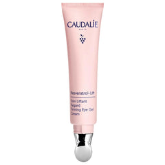 Caudalie Resveratrol-Lift eye gel packaging shown for daily use and smoothing look.