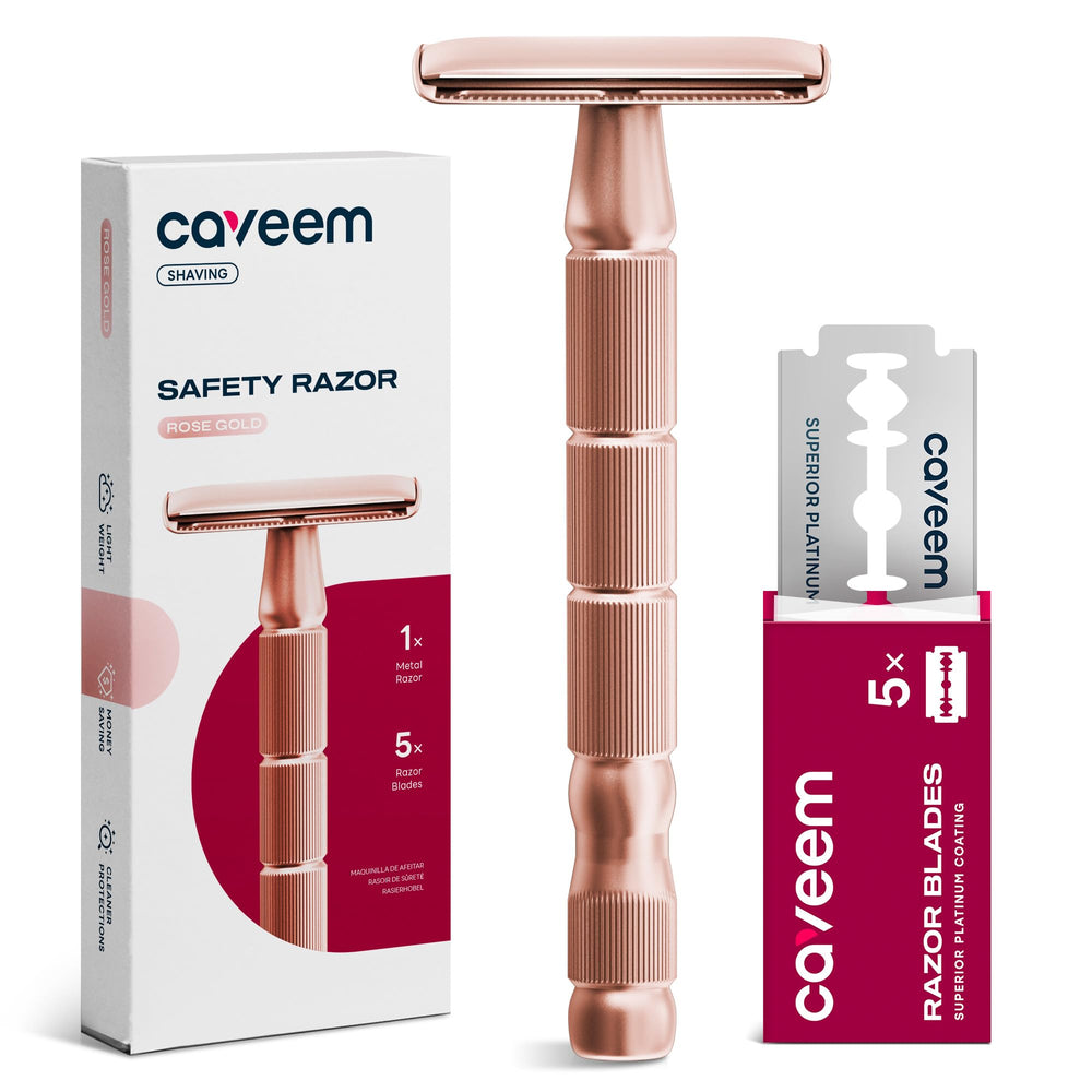 CAVEEM rose gold double-edge razor for a precise, comfortable shave.