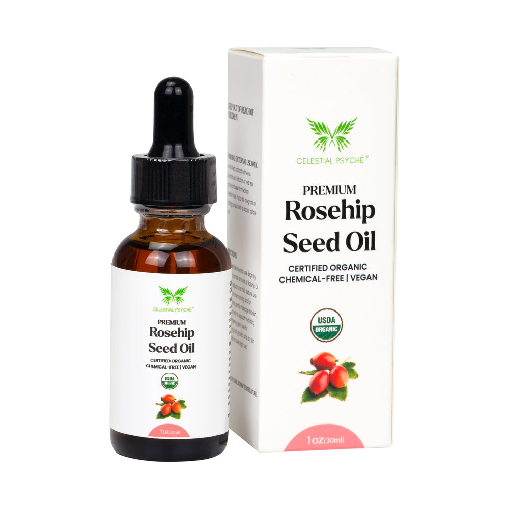 Celestial Psyché Rosehip Seed Oil bottle showing organic purity for hydration