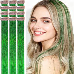 CelineBella green hair tinsel clip-in 24-inch length for vivid festival looks