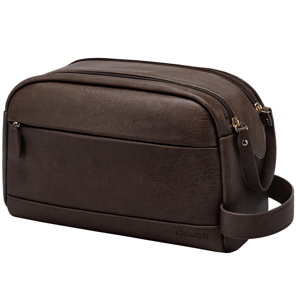Celvetch dark brown front view of the leather toiletry bag with upright structure.