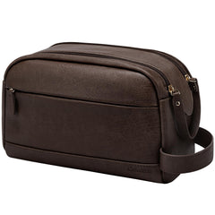 Celvetch dark brown front view of the leather toiletry bag with upright structure.