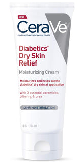 CeraVe Diabetics' Dry Skin Cream bottle showing non-greasy hydration.
